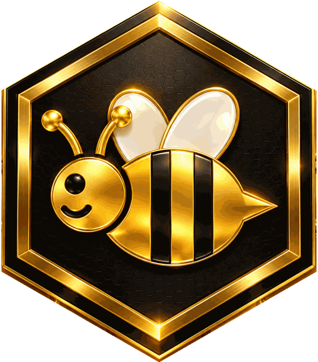 Gamble B Gone emblem: a polished gold bee inside a gold-framed black honeycomb cell